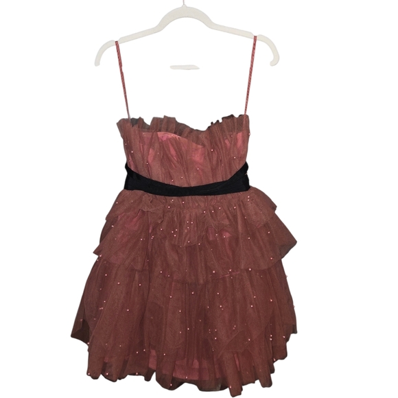 Anthropologie x Maeve Tiered Strapless Tulle Mini Dress in Baked Pink Size 8 - Picture 6 of 10